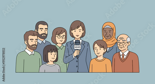 Professional female reporter with microphone interviewing a diverse group of people, representing various ages and backgrounds, in a public setting for news coverage