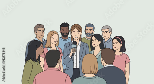 Journalist interviewing a diverse group of people during a press conference or public event