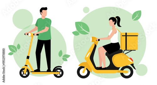 Man and woman riding electric scooter and motor scooter with delivery box.