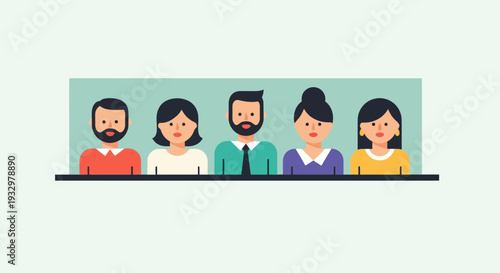 Diverse professional group illustration, highlighting teamwork, collaboration, and community spirit. Modern flat design portraying varied individuals in a cohesive team