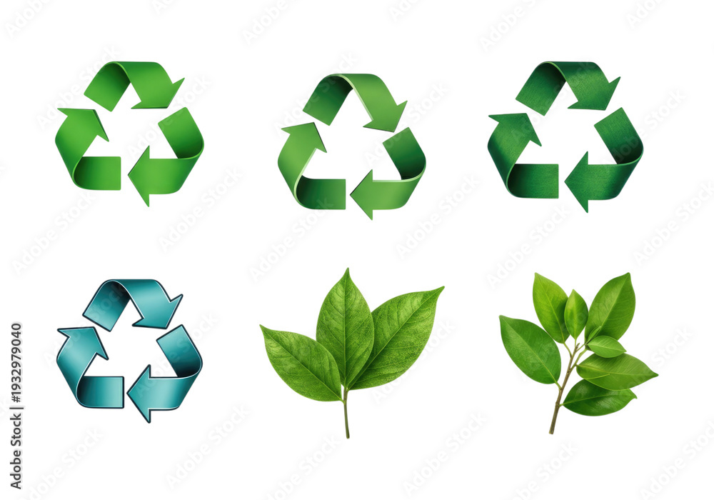 Obraz premium Collection of green and blue recycling symbols alongside realistic green leaves and a leafy branch on transparent background, eco-friendly icons representing sustainability, recycling and nature