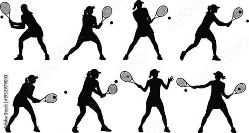 Set of female tennis player silhouettes playing with racket and ball, woman athlete hitting and serving vector icons for sports.