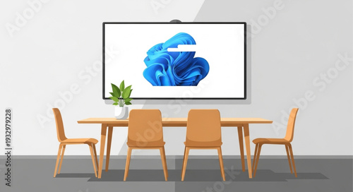 Modern dining room with a large screen displaying a blue abstract design.
