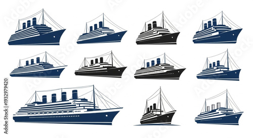 Collection of vintage ocean liners in various angles and perspectives, nautical theme.
