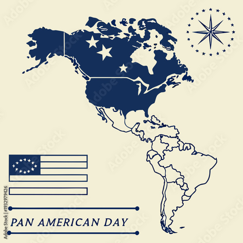 Pan american day poster with north and south america map silhouettes including star compass and stylized flag banner for international celebration