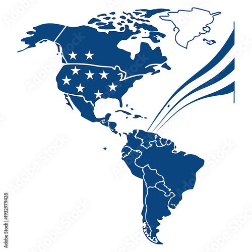 Detailed map of north and south america with blue fill and white star accents featuring curved wave lines representing unity and pan american spirit