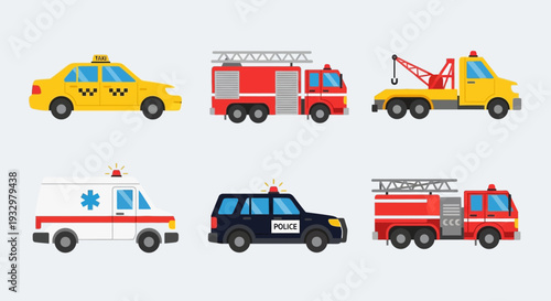 Collection of Emergency Vehicles Including Police Car and Fire Trucks.