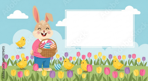 Easter bunny holding basket of colorful eggs in spring field with tulips and chicks