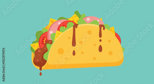 Delicious taco with salsa and vegetables on a turquoise background.