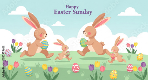 Four cute brown bunnies running in a field of colorful flowers and easter eggs on a sunny day with clouds