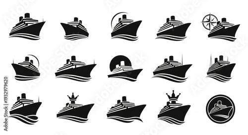 Collection of various cruise ship silhouettes in black and white style.