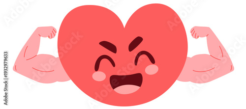 Cute happy heart character clenching arms to represent strength, cardiovascular health and preventive care