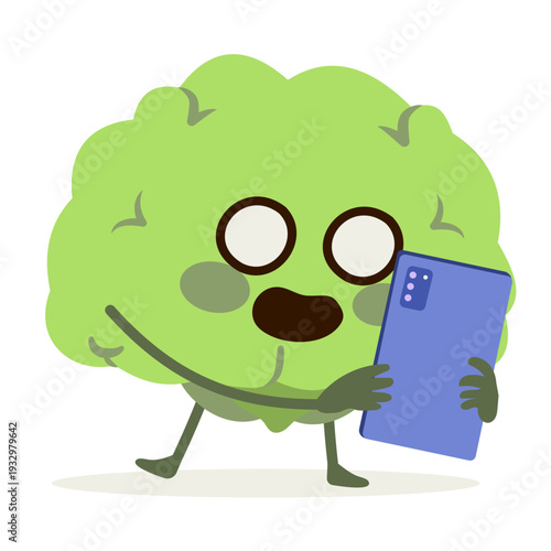 Playful zombie brain character interacting with a mobile phone to illustrate screen dependency and cognitive fatigue