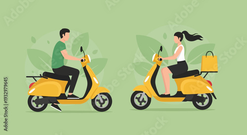Man and woman riding yellow scooters with delivery bag.