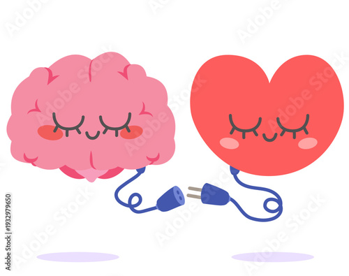 Heart and brain mascots linked by a plug to represent emotional intelligence and mind body integration