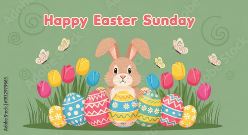 Easter bunny with colorful eggs and tulips on green background with butterflies happy easter sunday