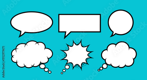 Collection of blank comic speech bubbles on turquoise background.