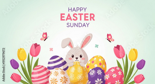 Easter bunny surrounded by colorful eggs and tulips on easter sunday with butterflies