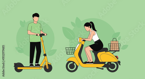 Man and woman riding electric scooters with shopping baskets.