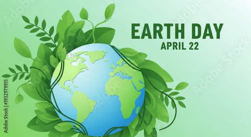 Earth day illustration with green leaves and globe on gradient background symbolizing environmental awareness and sustainability on april 22
