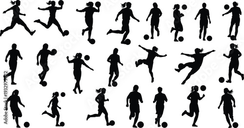 Set of female soccer player silhouettes playing football with ball, woman athlete running and kicking vector icons for sports posters.