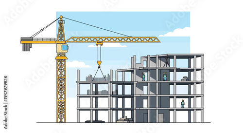 Illustration of a construction site with a large yellow crane lifting a concrete slab onto a multi-story building under construction against a blue sky.