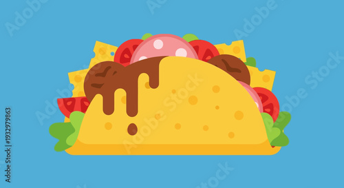 A cartoon taco with lettuce, tomatoes, and chocolate sauce on a blue background.