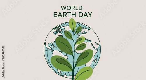 World earth day illustration with green plant growing out of globe on beige background