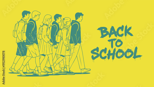 Illustrated group students walking back to school
