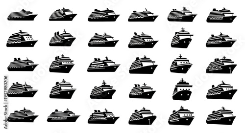 Collection of cruise ships in various perspectives, showcasing maritime travel and tourism.