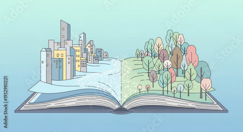 Open book with cityscape and nature scene contrasting urban and natural environments symbolizing balance and harmony