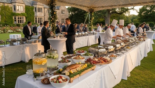Outdoor wedding reception buffet on manicured lawn, chefs in white uniforms serving guests at elegant catered banquet table, warm festive summer evening mood