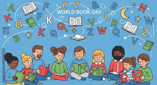 Diverse group of children and adults reading books on world book day with floating letters and books