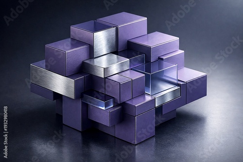 Asymmetrical abstract violet geometric structure composed of interlocking modular blocks with thin micro bevel edges, 