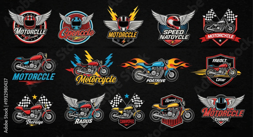 Collection of vintage motorcycle club emblems and badges with wings and flames.