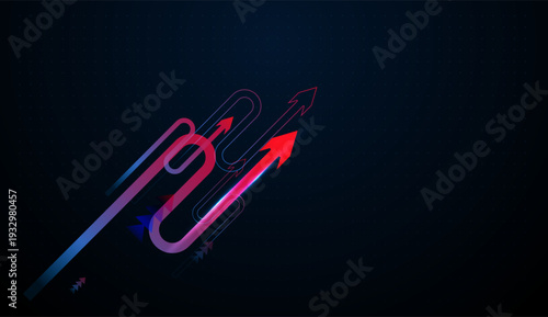 Dynamic Grow arrows sweep upward across a dark digital grid, symbolizing technology innovation in Finance and modern Business expansion. and digital movement