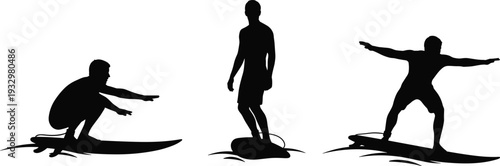 Set of male surfer silhouettes riding waves on surfboards, summer water sports icons, tropical beach vacation vector graphics for surfing.