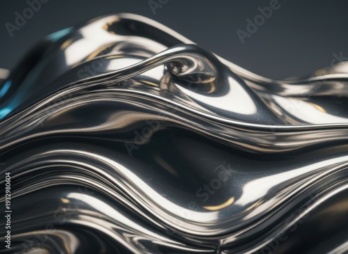 Abstract metallic sculpture with undulating curves and reflective surfaces casting dynamic shadows under dramatic studio lighting