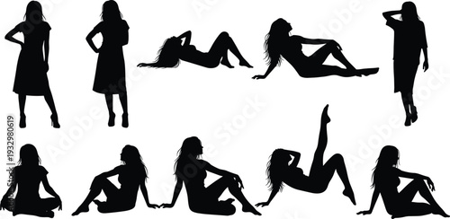 Set of female fashion model silhouettes in various sitting and standing poses, woman lifestyle vector icons for clothing design posters.