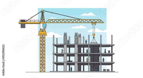 Illustration of a multi-story building under construction with a large yellow tower crane lifting a concrete slab against a blue sky.
