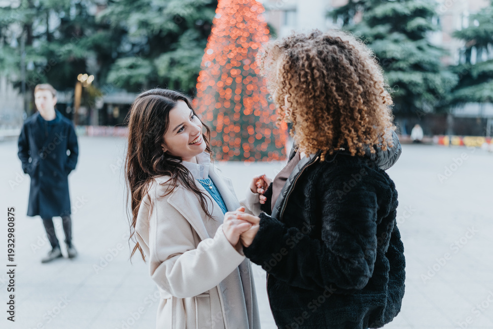Fototapeta premium Two women hold hands and share a joyful moment in a festive city square with a glowing Christmas tree. The scene shows friends celebrating together as a man watches in the background.