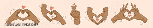 Set of african american hands making heart shape love gesture. Vector illustration