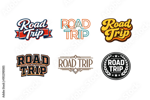 Vintage and modern road trip logos in various styles and colors
