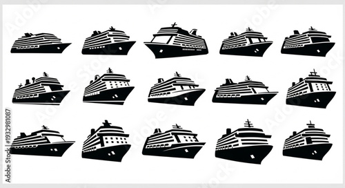 Collection of cruise ships in various designs and styles, black and white illustrations.