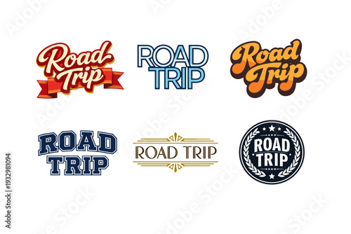 Colorful road trip logos in vintage and modern styles with banners and stars