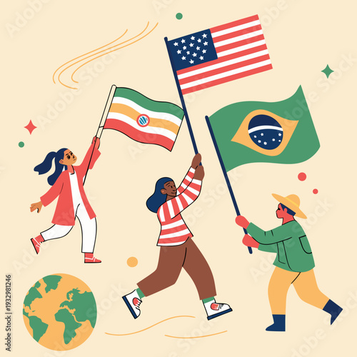 Diverse people holding flags of brazil usa and other nations for pan american day celebration with a globe icon on cream background vector artwork