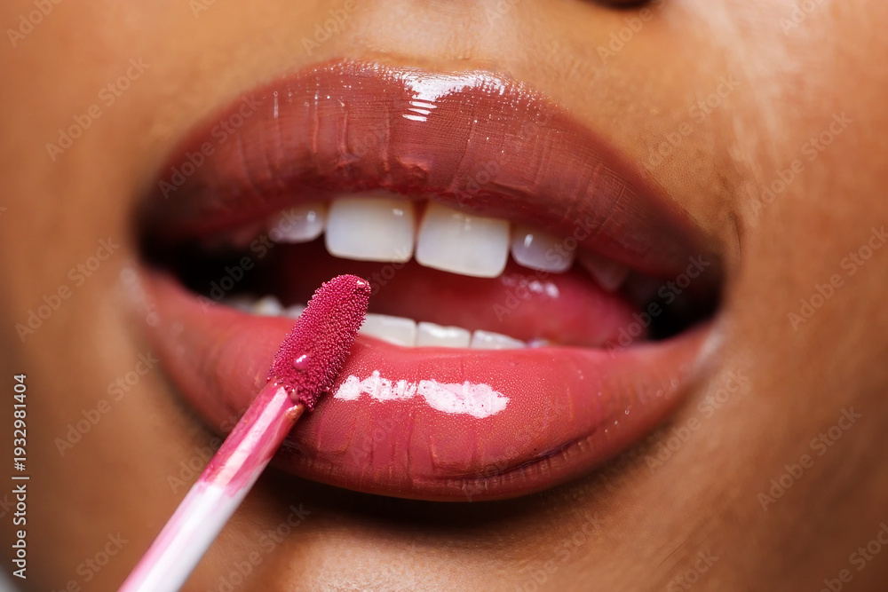 Naklejka premium Close up of lips applying glossy pink lip gloss with applicator mouth beauty