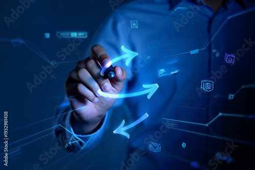 A man drawing glowing blue arrows on a futuristic digital interface with a marker