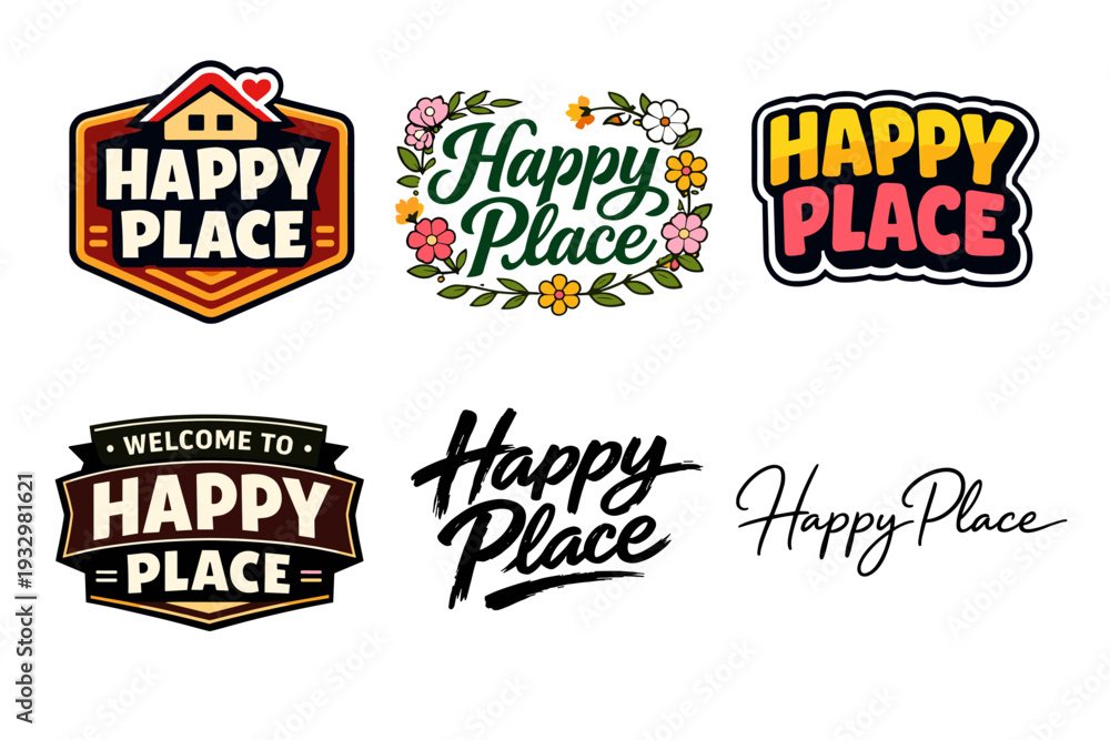 Obraz premium Happy place logos collection: home, floral, bold designs, handwritten styles