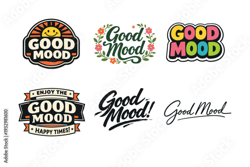 Various good mood logos with vibrant designs and typography